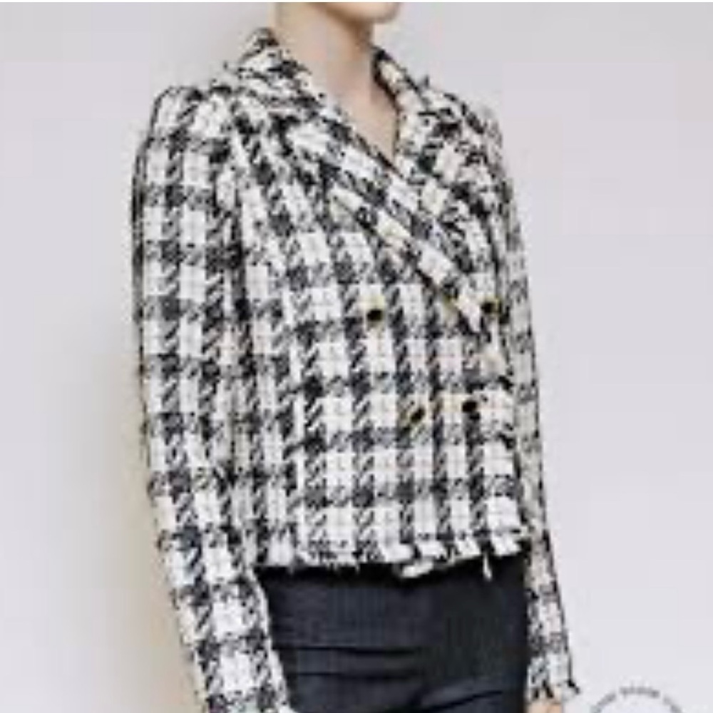 House of Harlow Plaid Tweed Metallic Fringe Wool Blend Blazer| S